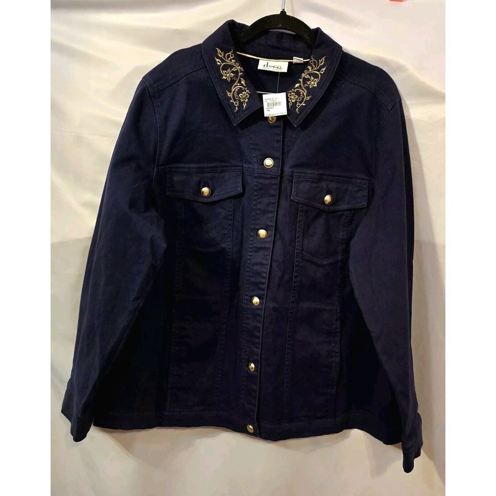 denim co embroidered Womens Stretch Blue Jacket Sz 1X Button Long Sleeve